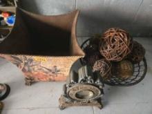 Home Decor Grouping. Mantle Clock, Decorative Tin Pail, and Basket of Balls. All one Money.