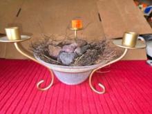 Vintage, Metal Base, Crackle Glass Bowl, Decorative 3 Candle Holder.