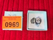 Ornate 18 KT Over Silver Dinner Ring. Stamped 925. With Ring Box. 6 Grams Total Weight. 5.24 CT.