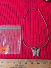 Vintage Butterfly Pendant with Stones and Rope Chain Neclace. Jewelry
