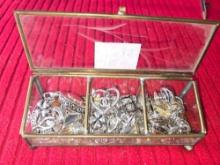 Vintage Brass and Glass Jewelry Box Full of Assorted Jewelry. Earrings, Pendants, and Brooches. All
