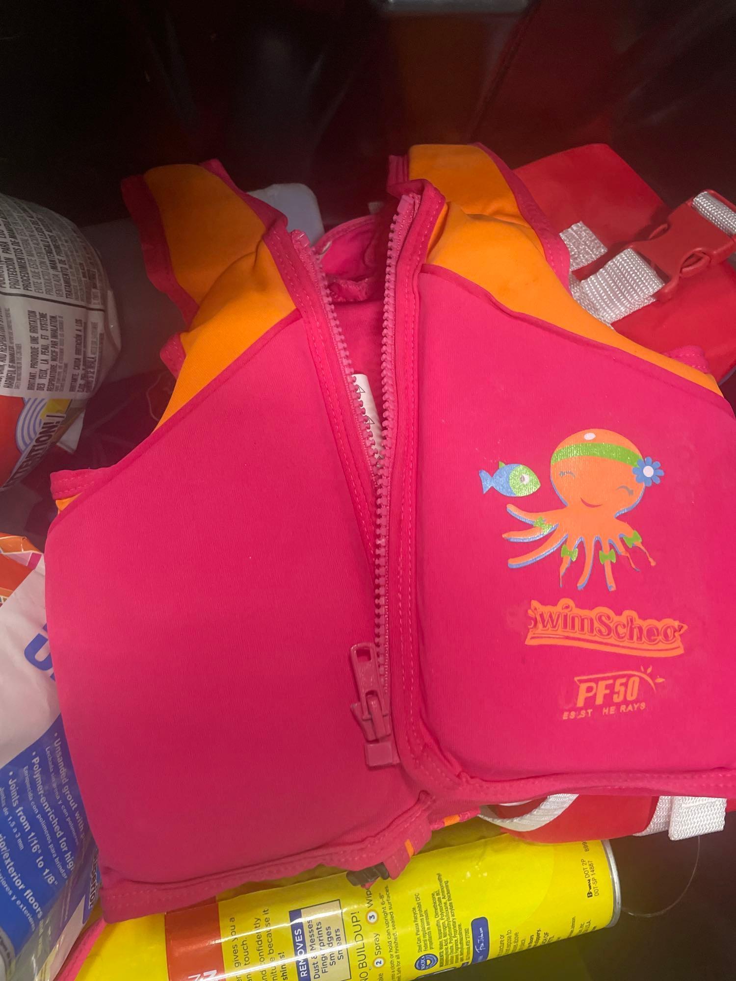 life jackets; cleaning supplies; grout; misc