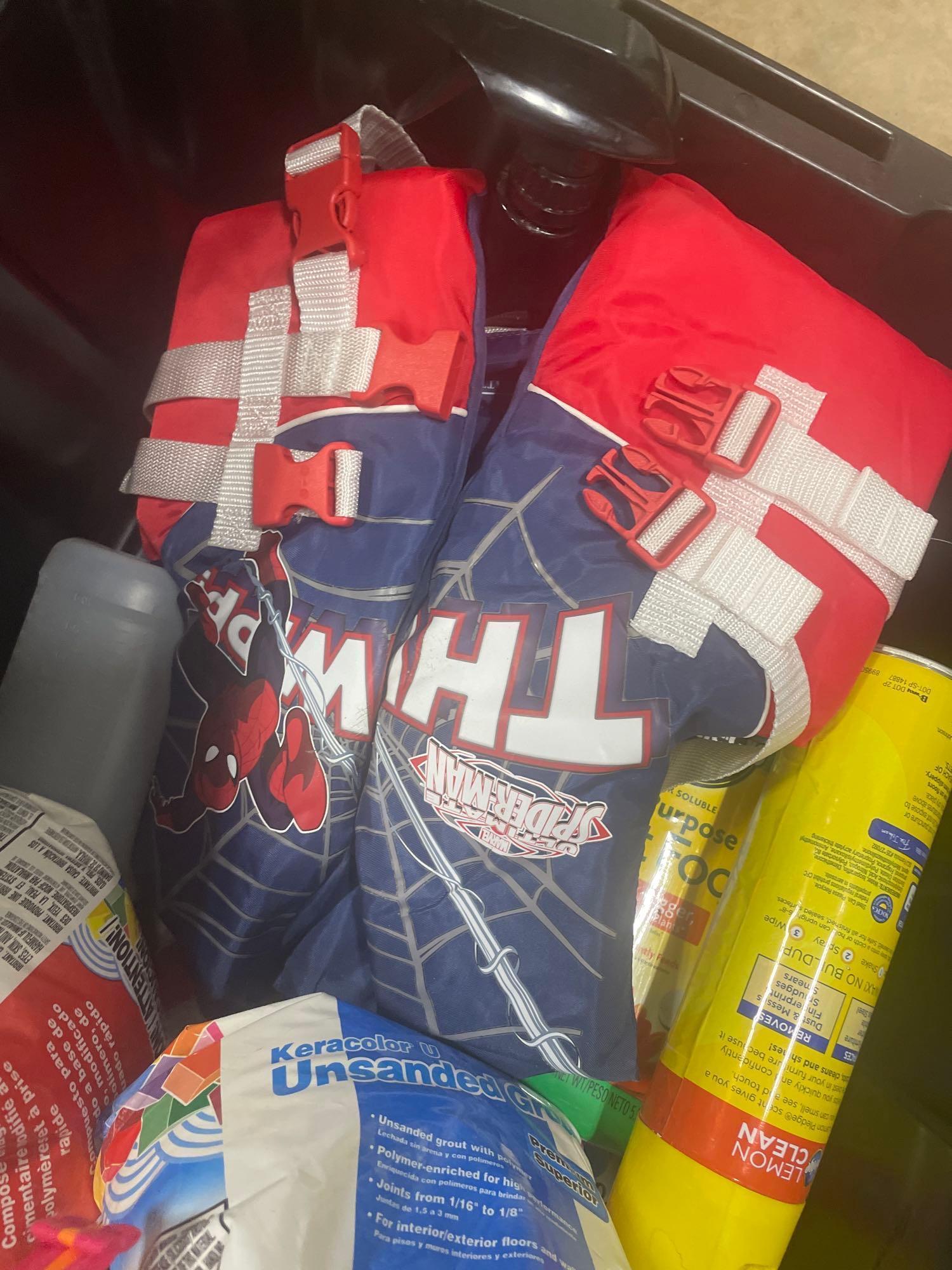 life jackets; cleaning supplies; grout; misc