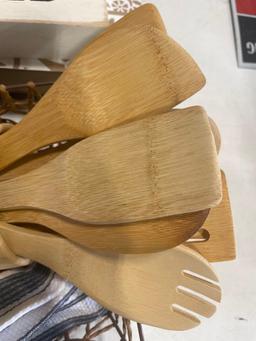 basket; towel; wooden utensils