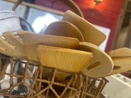 basket; towel; wooden utensils