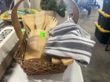 basket; towel; wooden utensils
