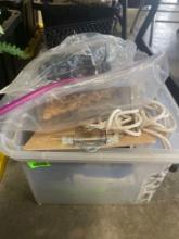 box of rope; clipboard; folders; misc