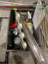 crate of cleaning supplies; muffin tin; misc
