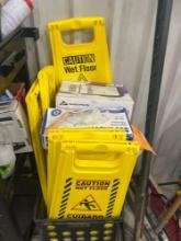 wet floor signs; paper towel dispenser; gloves ect
