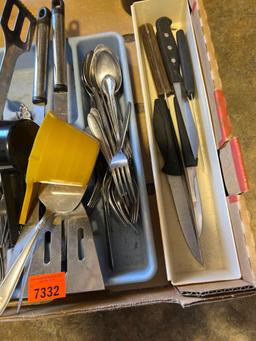 Kitchen items, silverware, measuring cups, wicker basket, and other various kitchen items