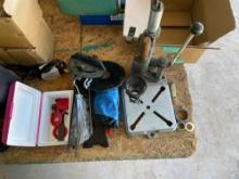 Craftsman drill press stand, miter gauge, toenail clippers, and other various items