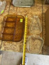 Vintage Amber glass divided serving tray, apple shaped serving tray and pear shaped serving tray