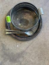 Silver plated serving platter with serving wear, and silver plated casserole holder
