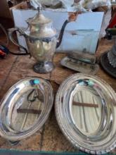 Silver plated, tea, pot, butter dish, and two serving dishes