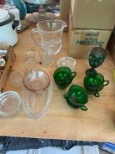 Vintage table lighter,green glasses, water pitcher and other various glass items