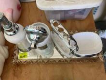 Vanity tray with soap dispenser, toothpaste holder, bar soap holder and cotton ball holder