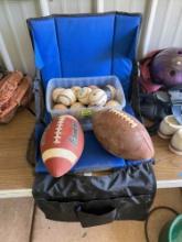 Baseballs, 2 footballs and stadium seat