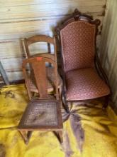 Antique parlor chair, Rocking chair with wicker seat with damage and another chair with wicker seat