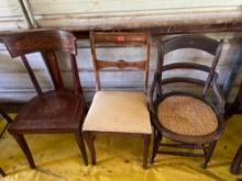 3 Antique wooden chairs, 1 with wicker seat, 1 with fabric seat and 1 with wooden seat