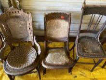 3 Antique wooden chairs, 1 with wicker seat,/backrest, 1 with fabric seat and 1 with leather seat