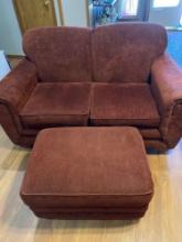 Love seat with ottoman Damage noted in photos Measurements in photo Buyer to bring help to load