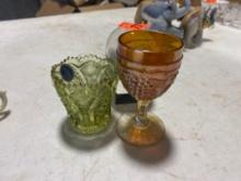 Toothpick holder, carnival glass goblet, shot glass, and miscellaneous item