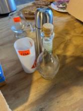 Mix lot with Oklahoma glass coffee, thermos, empty extra-virgin olive oil bottle with cork