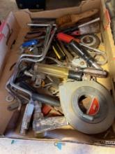 Box with screwdrivers,100 foot tape measure, wire brushes, scrapers and other various items