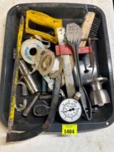 Hacksaw, tape, brush, pressure gauge and other misc