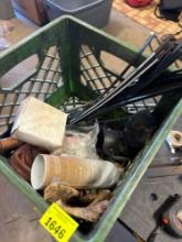 Mystikgrease tubes, zip ties, and other items in milk crate