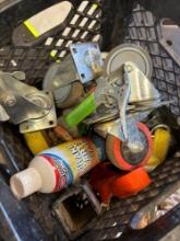 Casters, break parts cleaner, D ring and clamps in milk crate