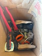 Box with screw drivers, wrenches, wire brushes, Gauge and more