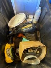 Outdoor lights, plunger, Tiki light, Gauge, hardware items and other misc items in tote