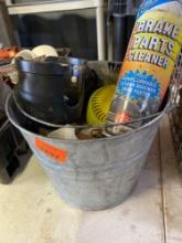 Metal bucket with parts cleaner, softball, nuts, bolts and other items