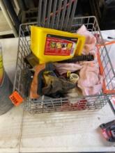 Wire basket with 5 in 1 funnel, gloves, spray nozzle, shop rags and other items