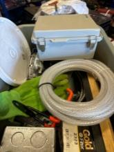 Tote with Air filters, electrical box, gloves, water hose and other items