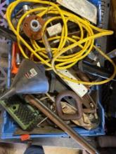 Extension cord, funnel, brush head, bolts and misc shop items