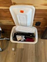 Full mattress protector, key board, disposable gloves and a Styrofoam ice chest