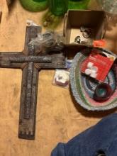 Costume jewlery cross and woven basket