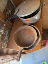 (2) cast iron skillets and pressure cooker
