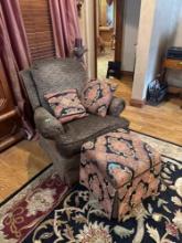 2 swivel chairs 5 pillows a foot stool