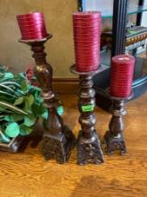 3 Candle holders and red candles