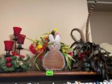 Christmas candle greenery decor, floral bunny basket decor, pheasant feather decor