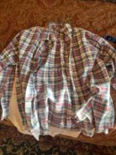 Christmas table cloth, blue and red plaid shirt, dog harness