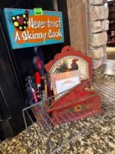 Chicken note book holder, Chicken signs, pens markers, rack