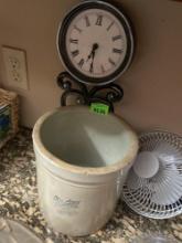 Clock, western stoneware dish, clamp on fan