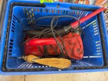 Daredevil, vacuum sweeper, two coffee cans, full of nails, caulking, gun, small broom