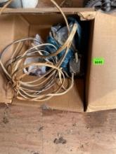 Box of door hinges, gate hinges, light switch with copper scrap