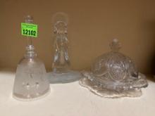 Vintage glass covered butter dish, glass bell, glass angel