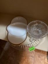 Glass tray, auger bowl, small bowl and milk glass divided relish dish with Goldtone edge